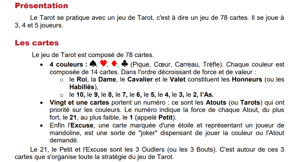 Tableau récapitulatif joueurs et cartes au Tarot